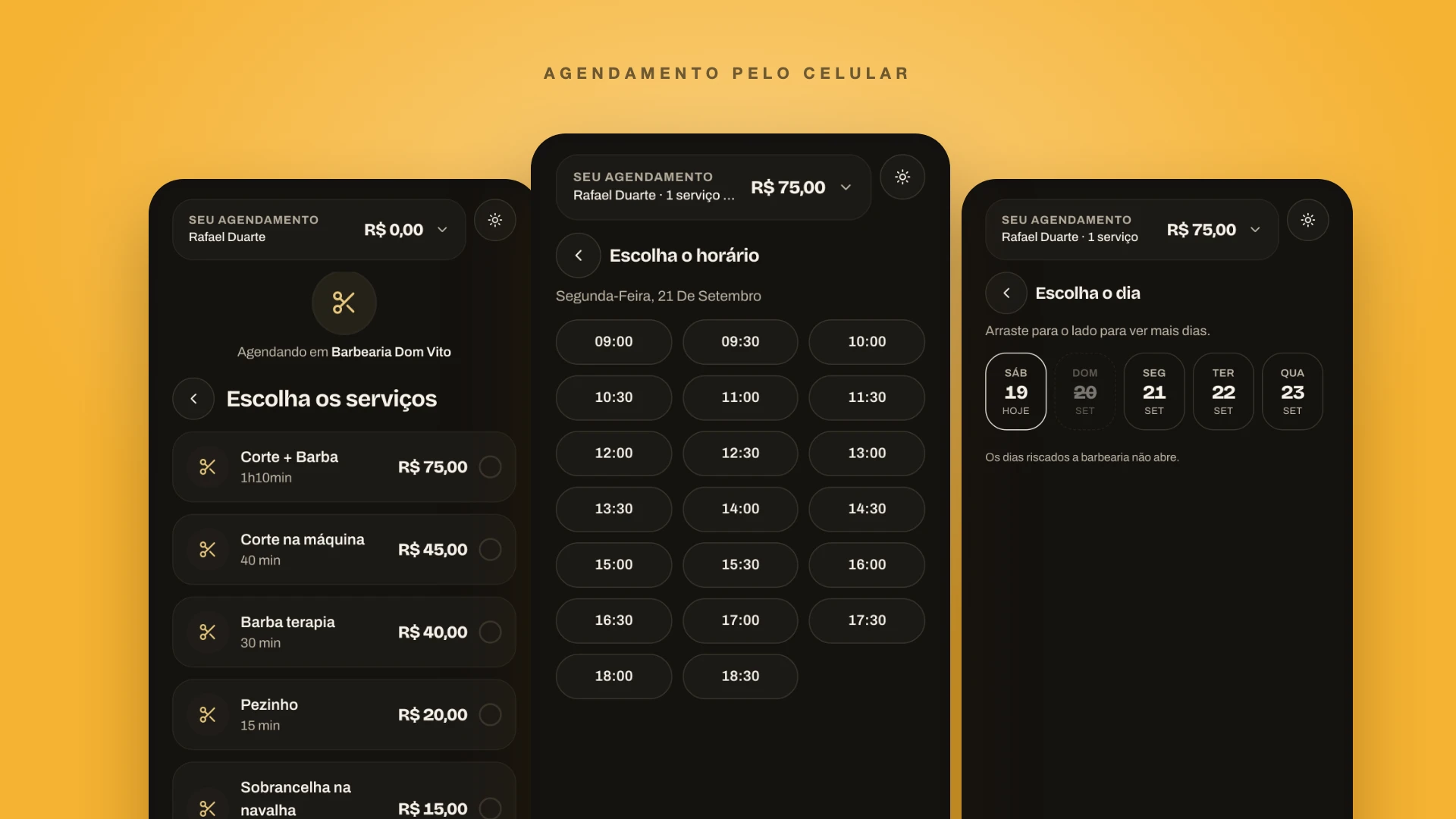 Fluxo de agendamento da Barberoos pelo celular