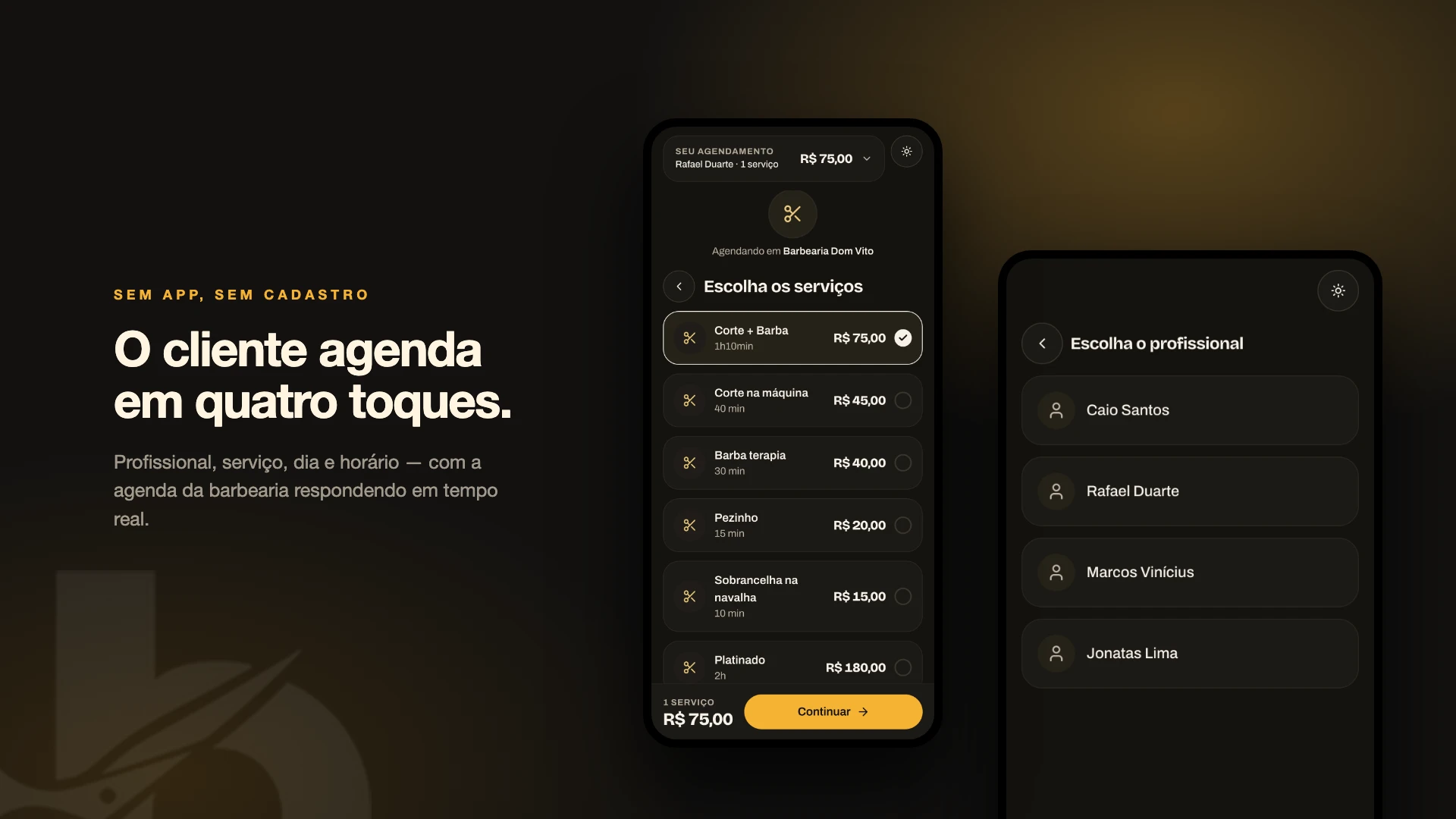 Escolha de serviços e profissional no fluxo do cliente