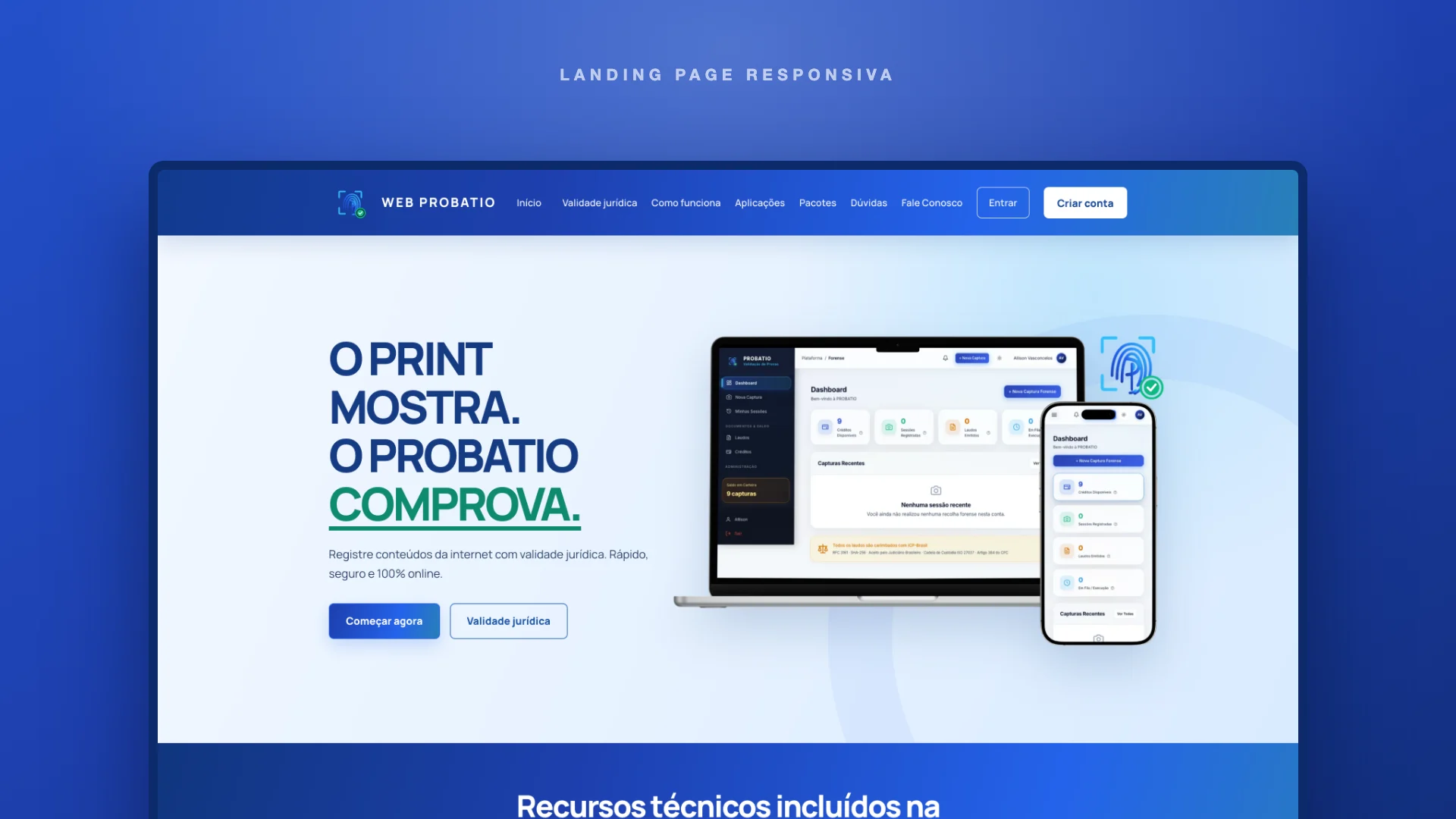 Primeira dobra da landing page da Web Probatio