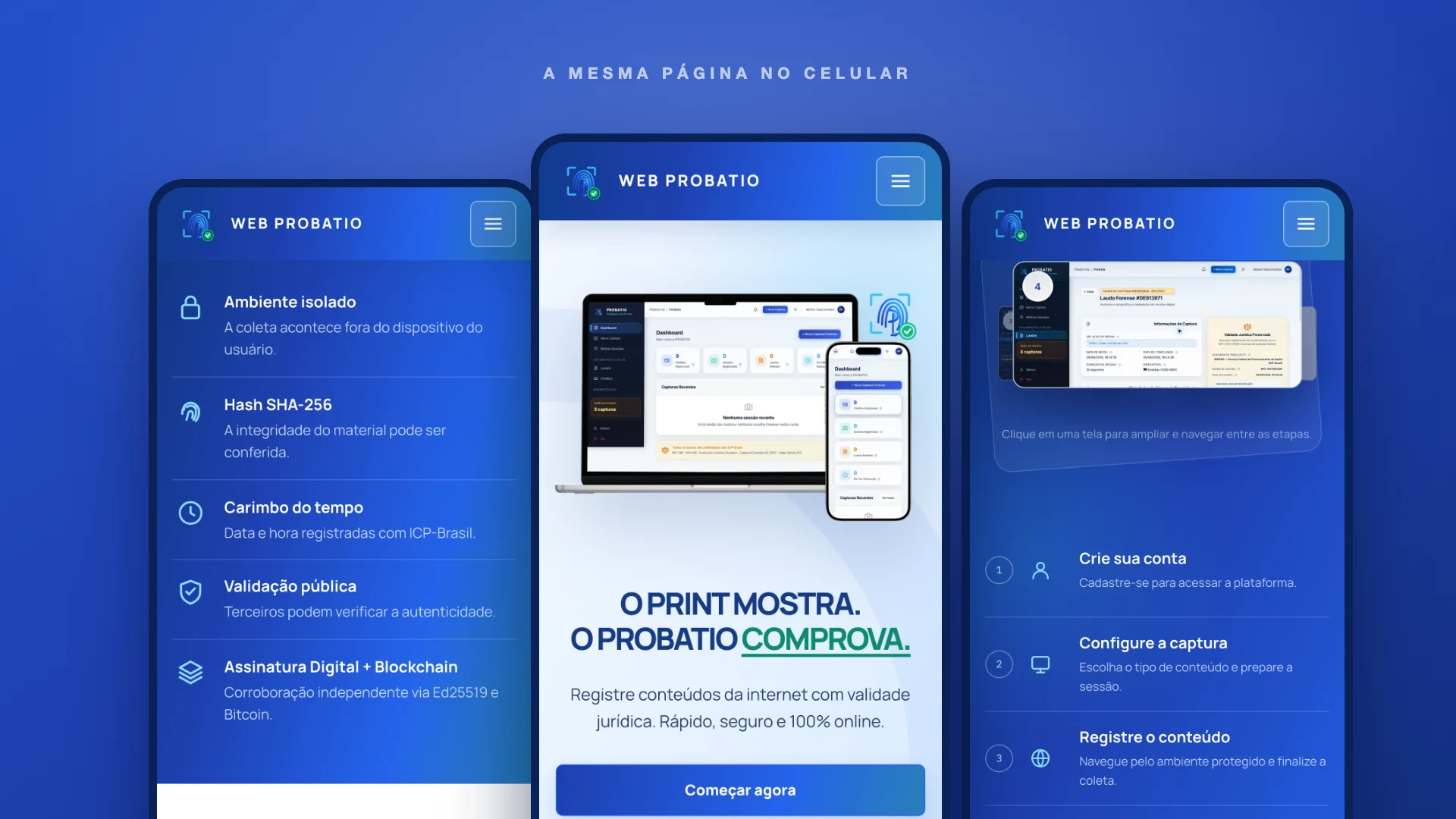 Landing page da Web Probatio em telas de celular
