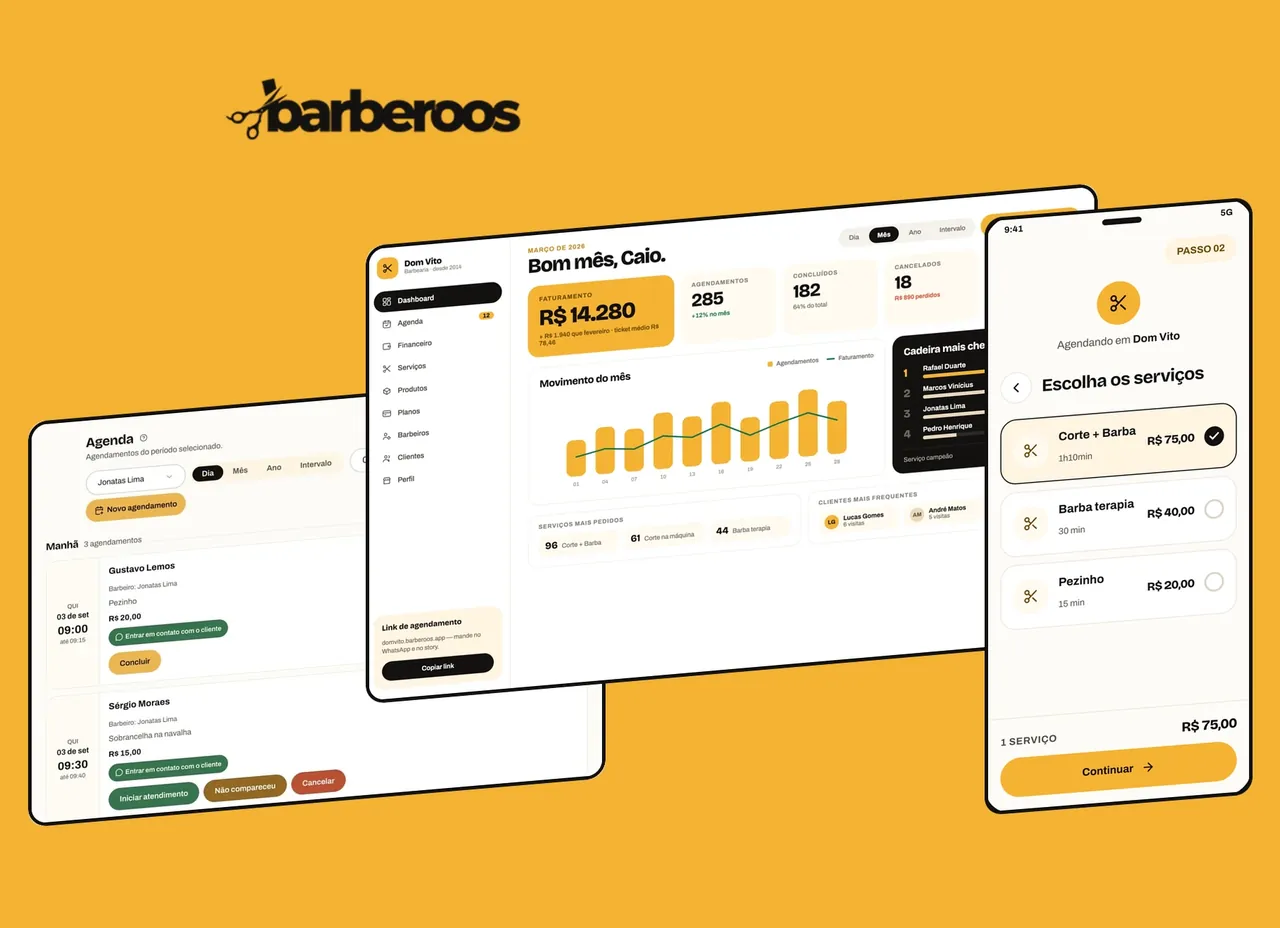 Telas do sistema Barberoos no computador e no celular