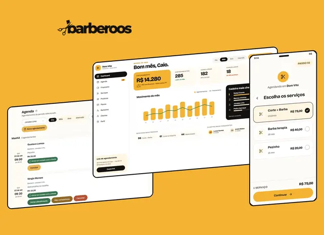 Telas do sistema Barberoos no computador e no celular
