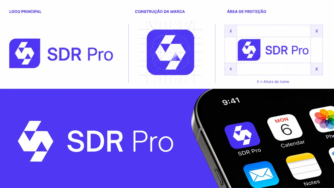 Identidade visual da SDR Pro aplicada ao símbolo, assinatura e aplicativo