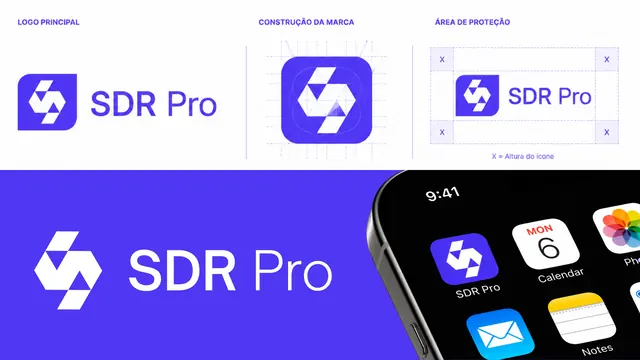 Identidade visual da SDR Pro aplicada ao símbolo, assinatura e aplicativo