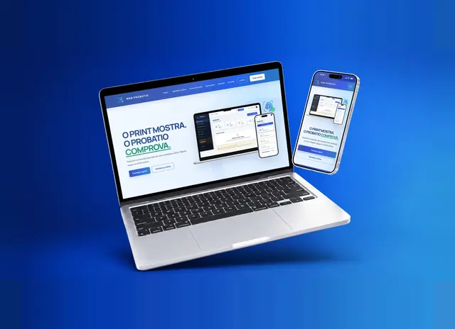 Landing page da Web Probatio apresentada em notebook e celular