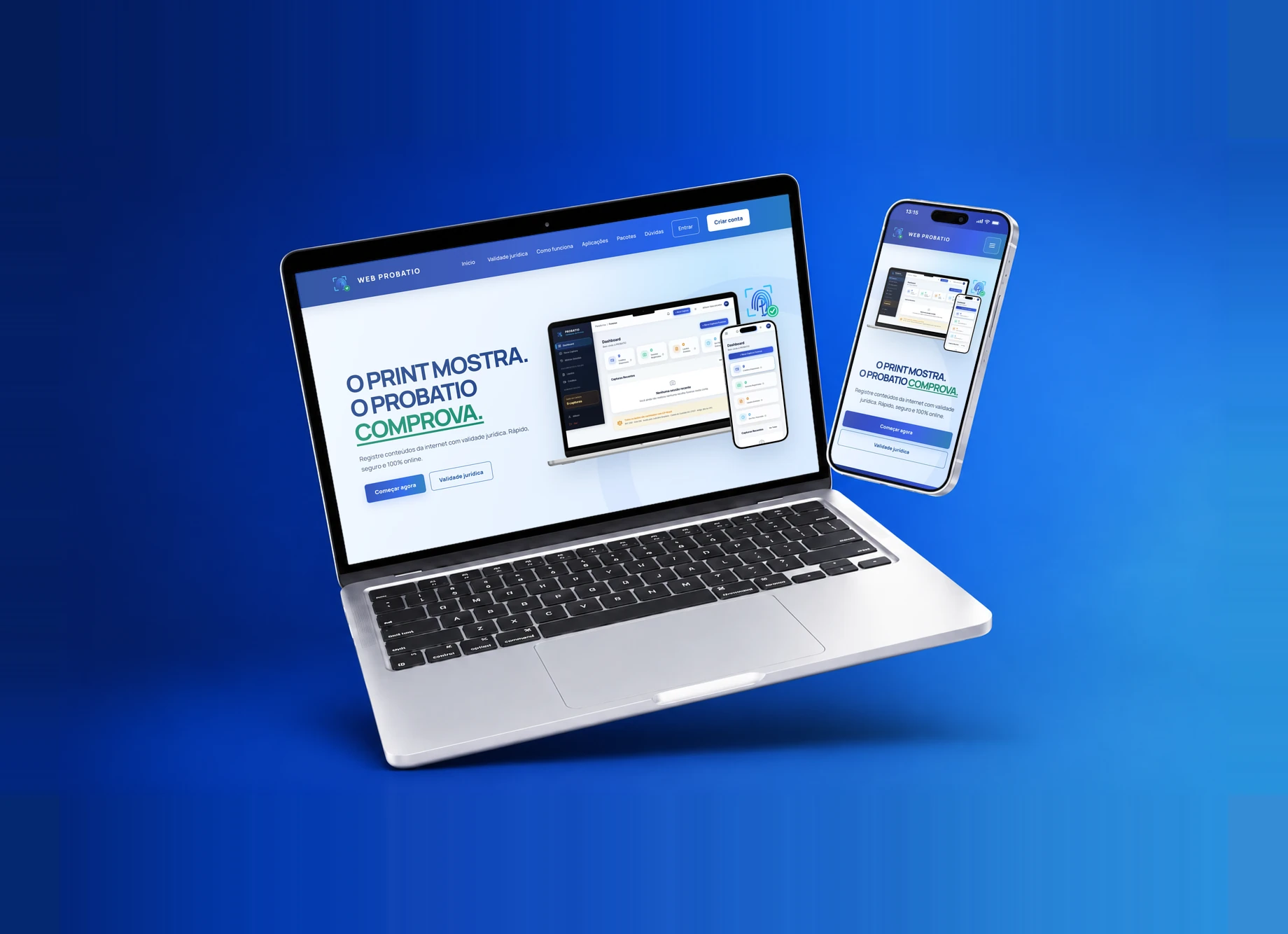 Landing page da Web Probatio em notebook e celular